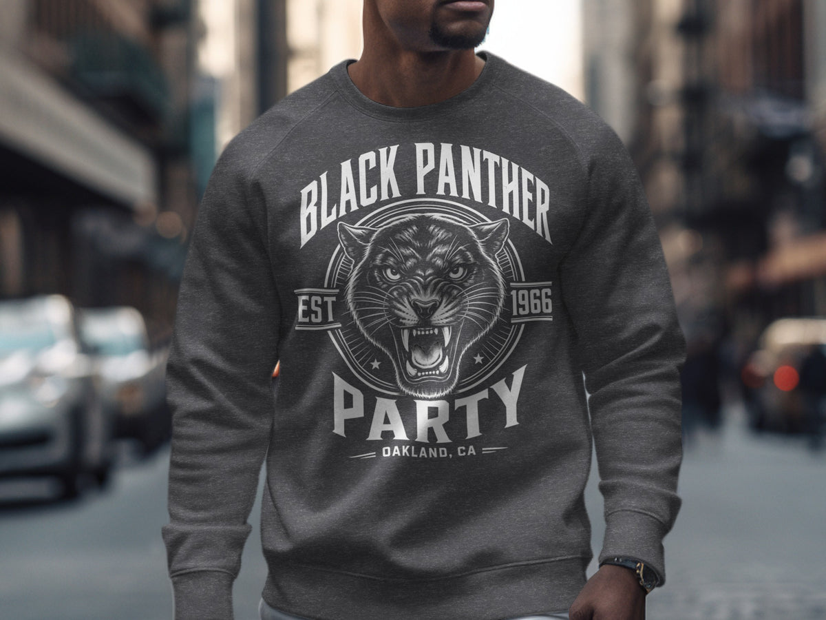 Dark grey sweatshirt with Black Panther Party logo featuring a panther's head and "Oakland, CA".