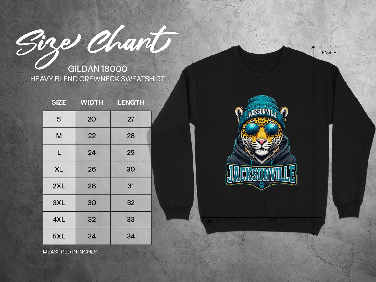 Size chart for Gildan 18000 heavy blend crewneck sweatshirt with jaguar graphic.