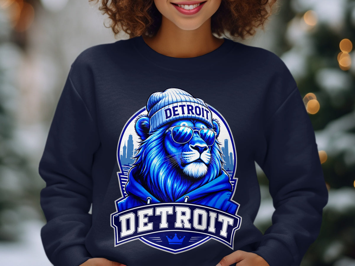 Blue lion wearing beanie and sunglasses with "Detroit" text on sweatshirt.