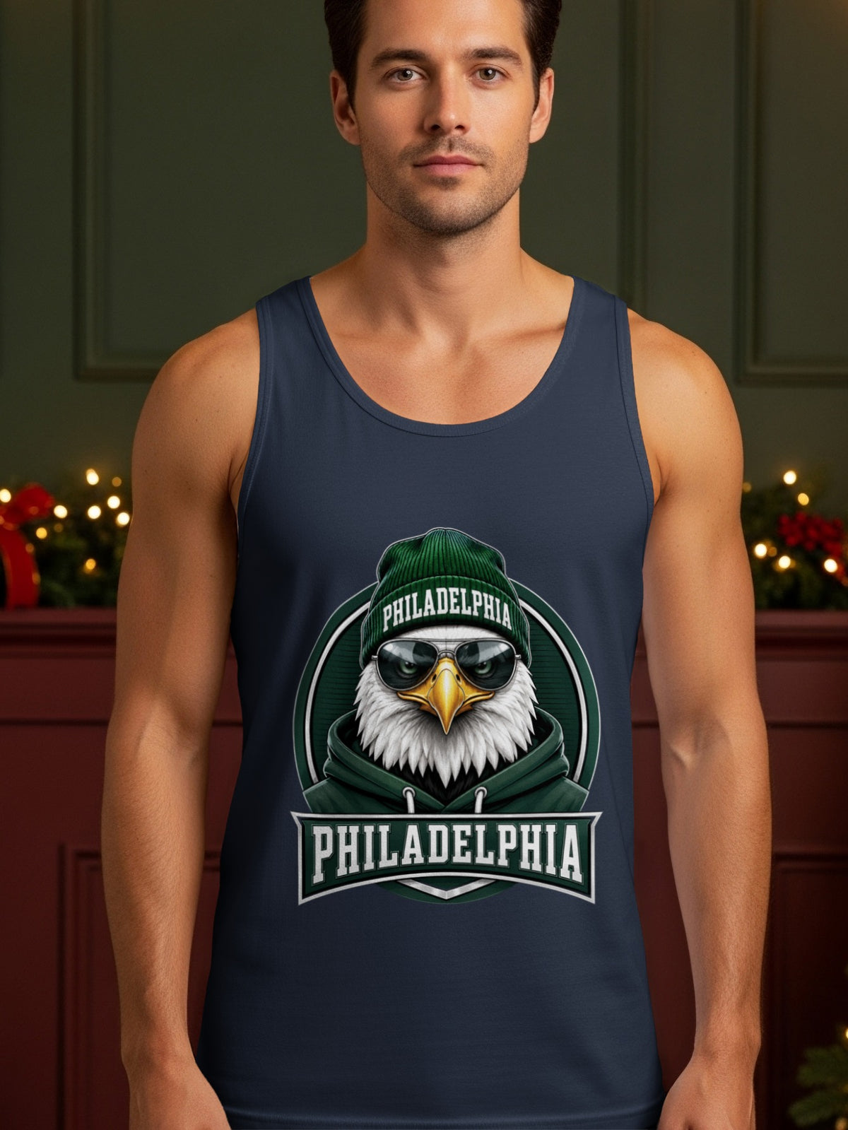 Dark blue tank top with graphic of an eagle wearing a beanie and sunglasses, text "PHILADELPHIA".
