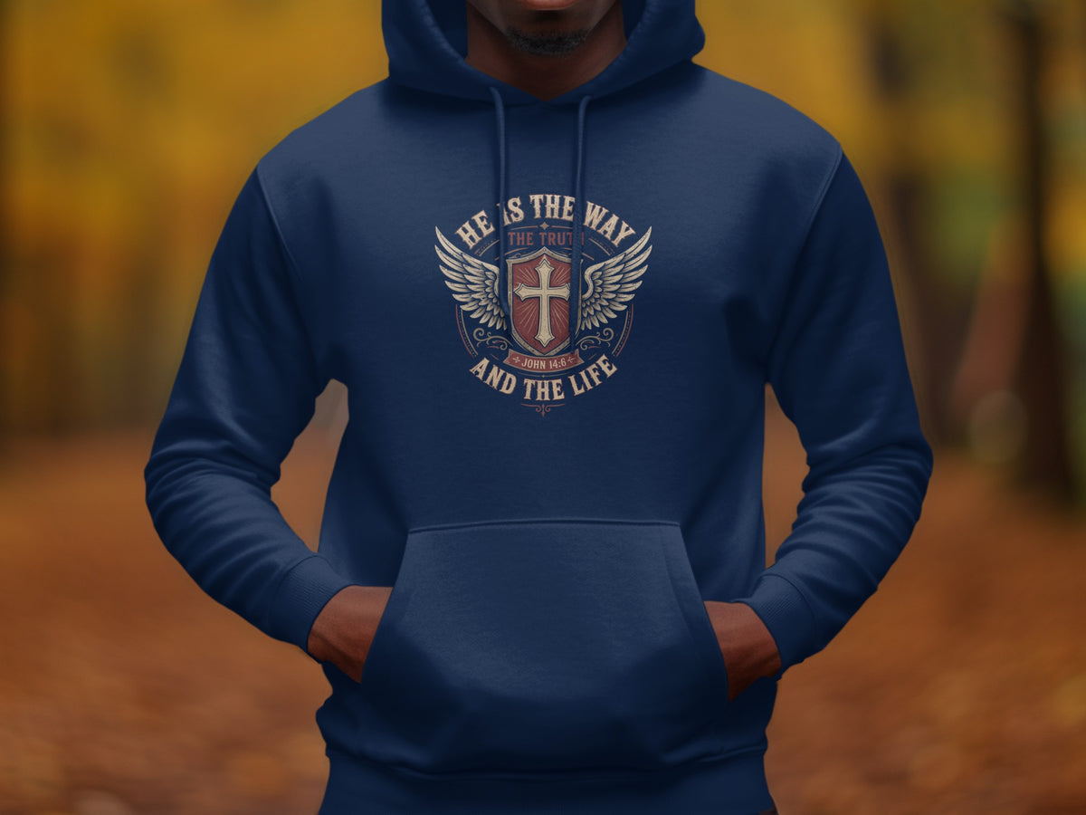 Navy hoodie with "He is the way, the truth and the life" graphic.