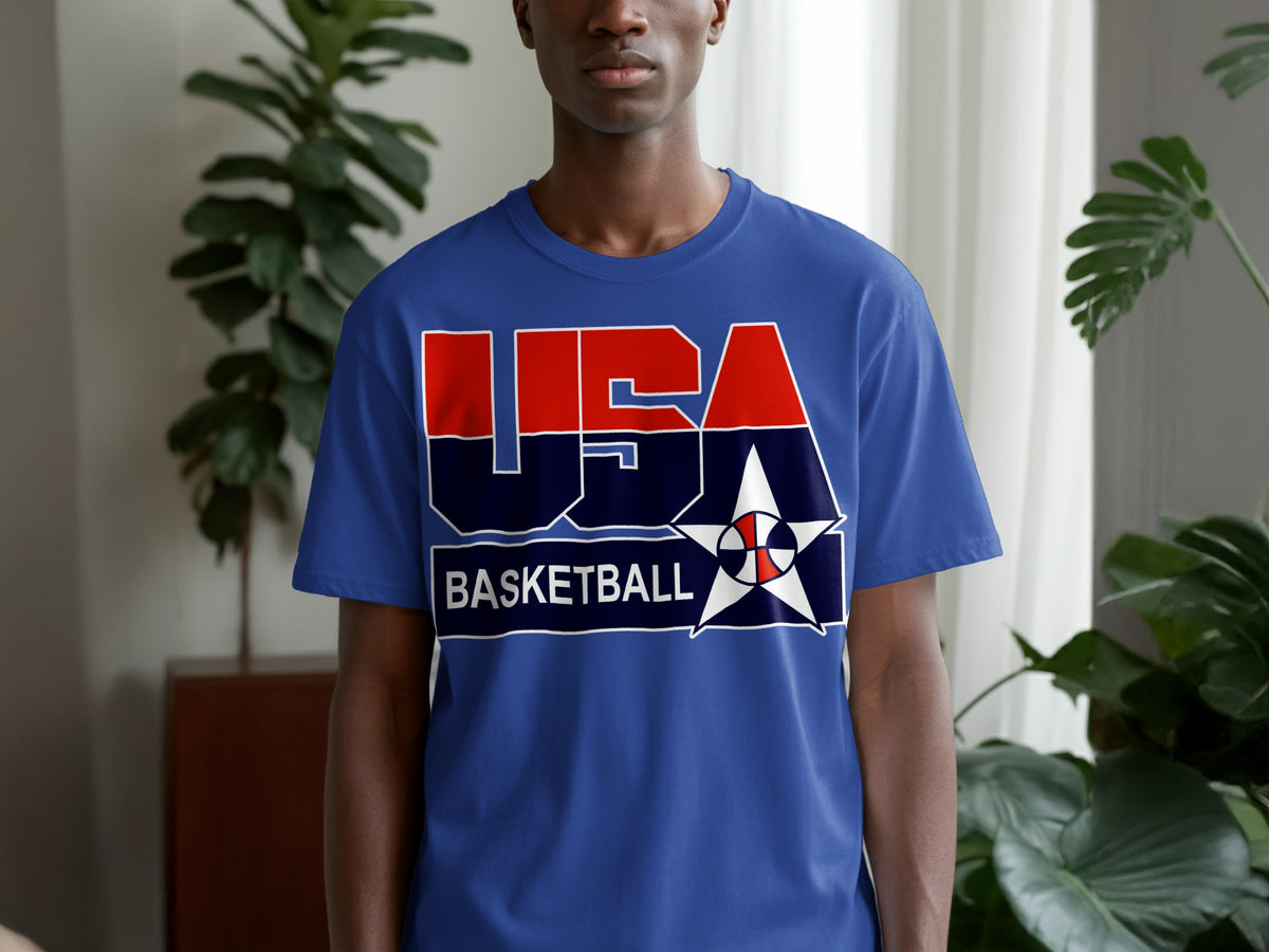 Blue t-shirt with "USA BASKETBALL" and a basketball star logo.