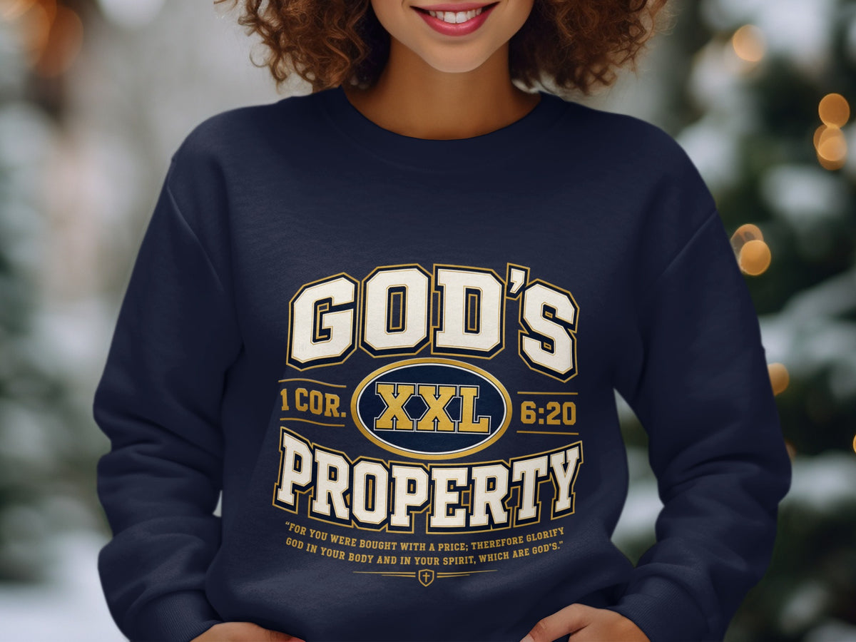 Navy sweatshirt with "God's Property" and Bible verse 1 Corinthians 6:20.
