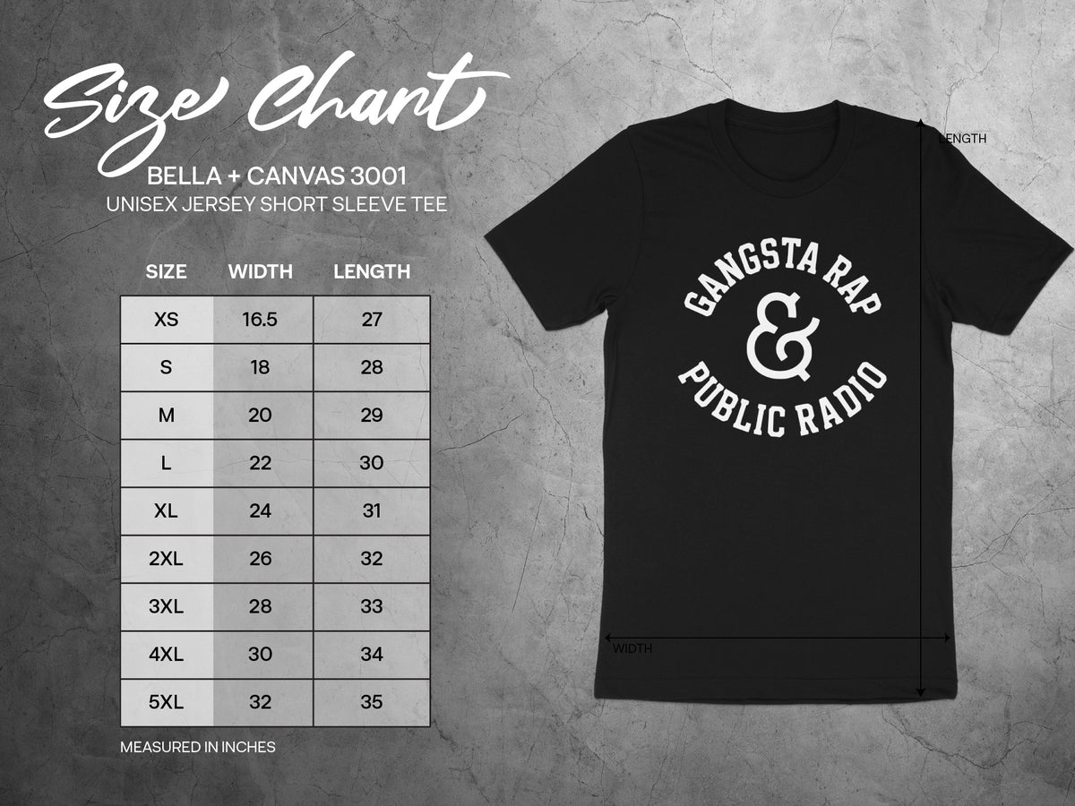 Size chart for Bella + Canvas 3001 unisex t-shirt with measurements in inches.