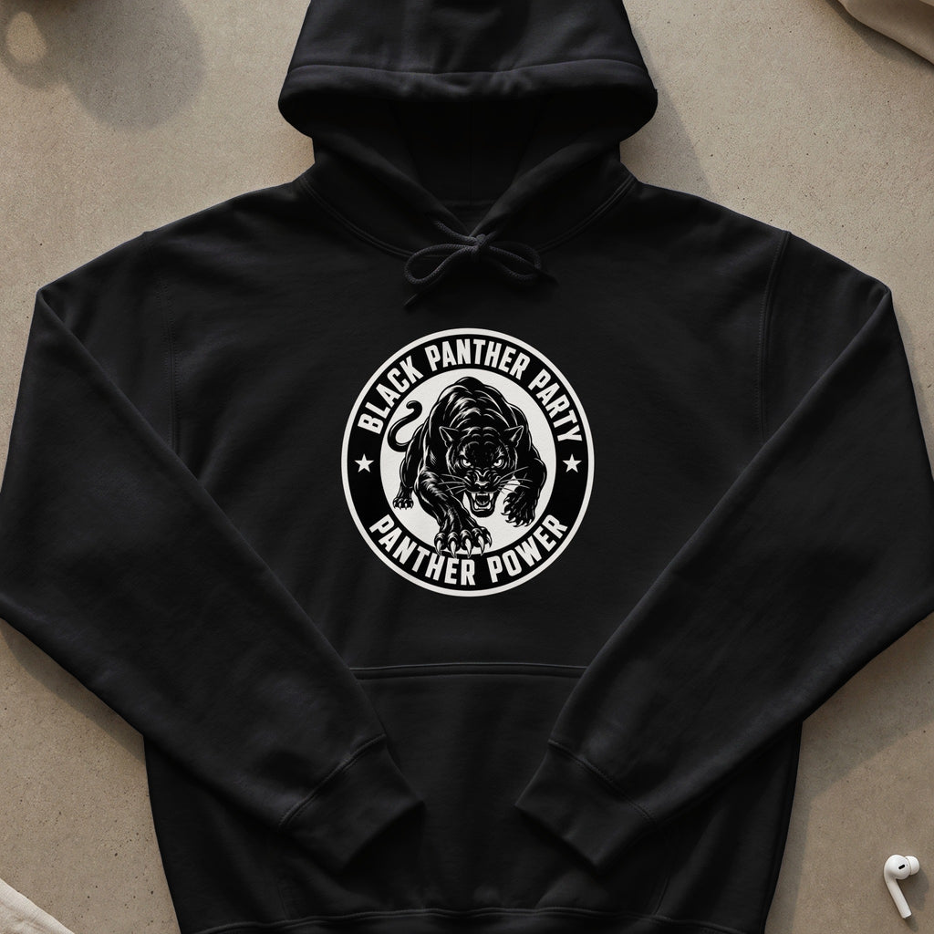 Black hoodie with a Black Panther Party logo featuring a panther and text.