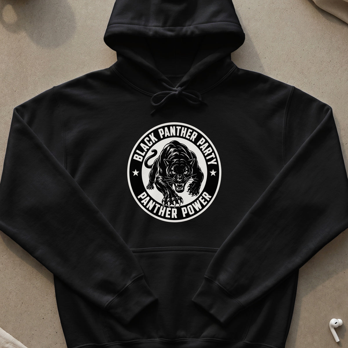 Black hoodie with a Black Panther Party logo featuring a panther and text.