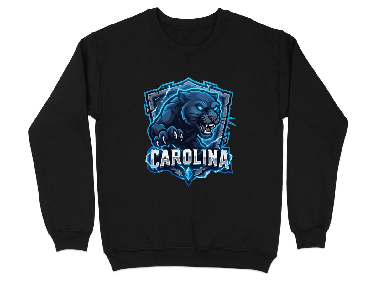 Black sweatshirt with a fierce blue panther logo and "Carolina" text.