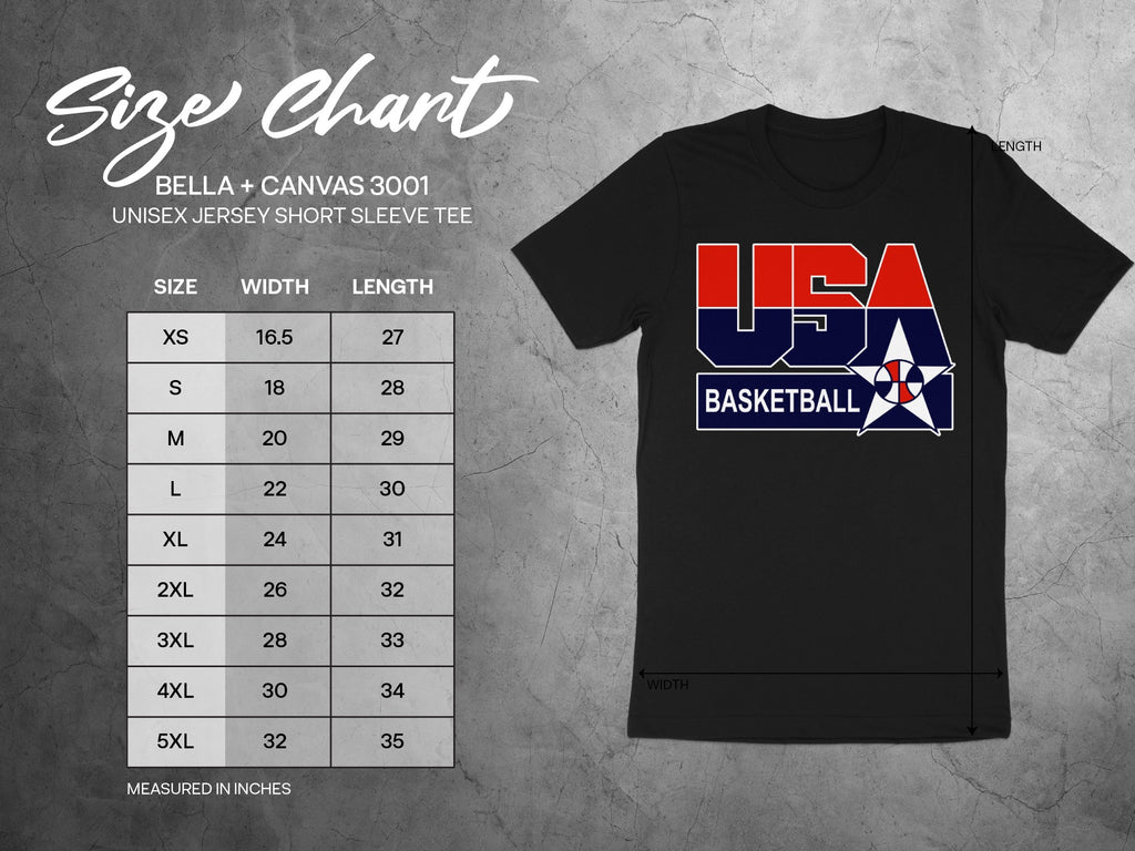 Size chart for Bella + Canvas 3001 unisex t-shirt with USA Basketball graphic.