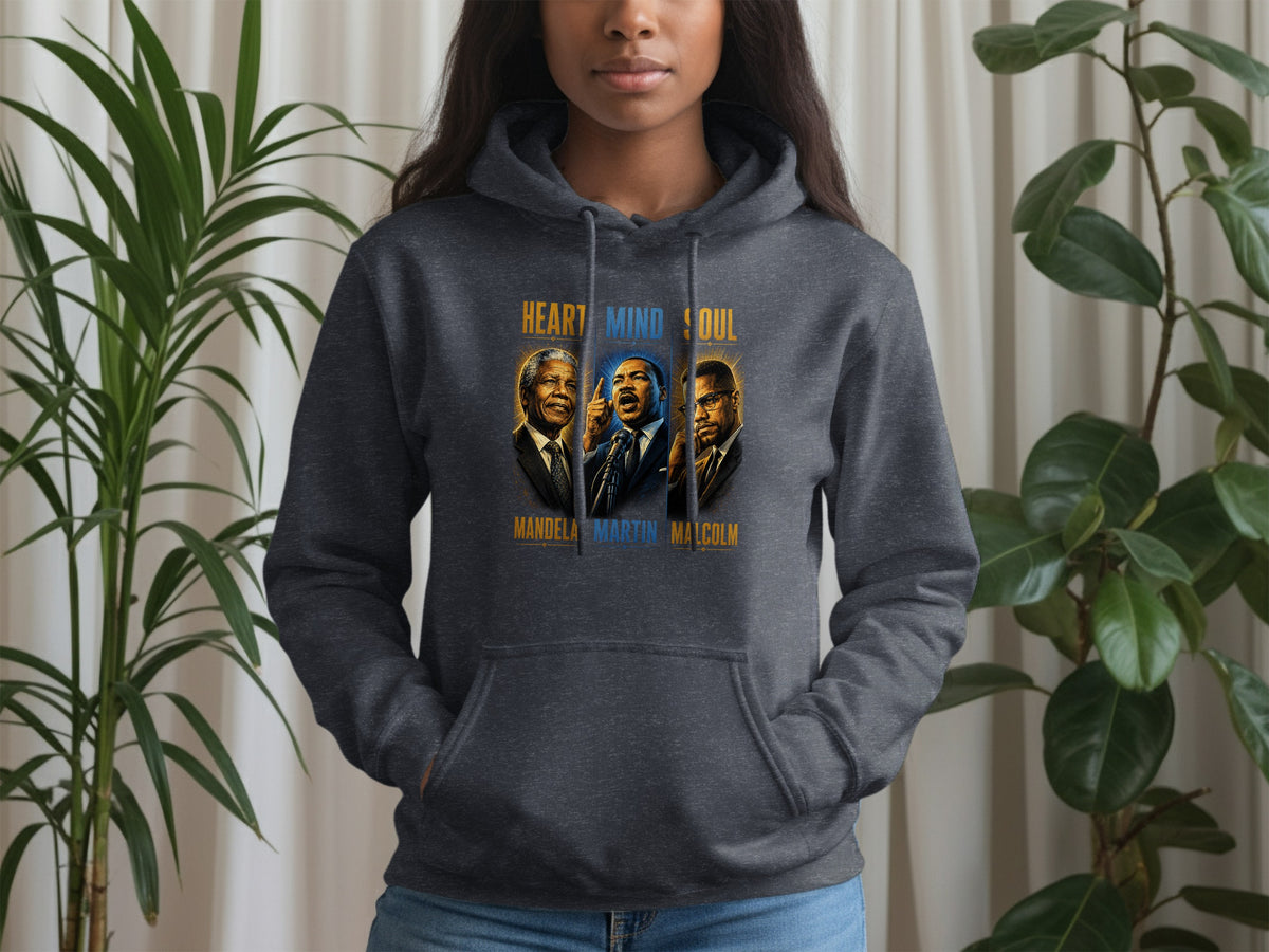 Hoodie with Mandela, Martin Luther King Jr., and Malcolm X portraits and text.