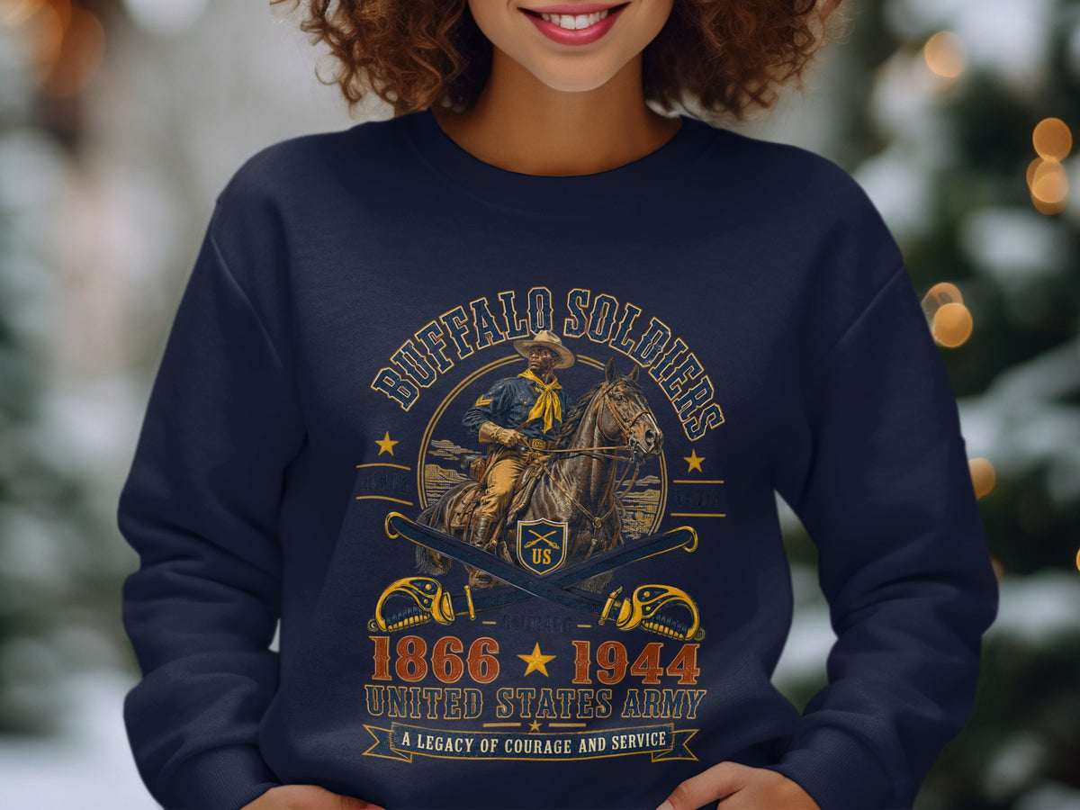 Buffalo Soldiers United States Army graphic on navy sweatshirt with dates 1866-1944.