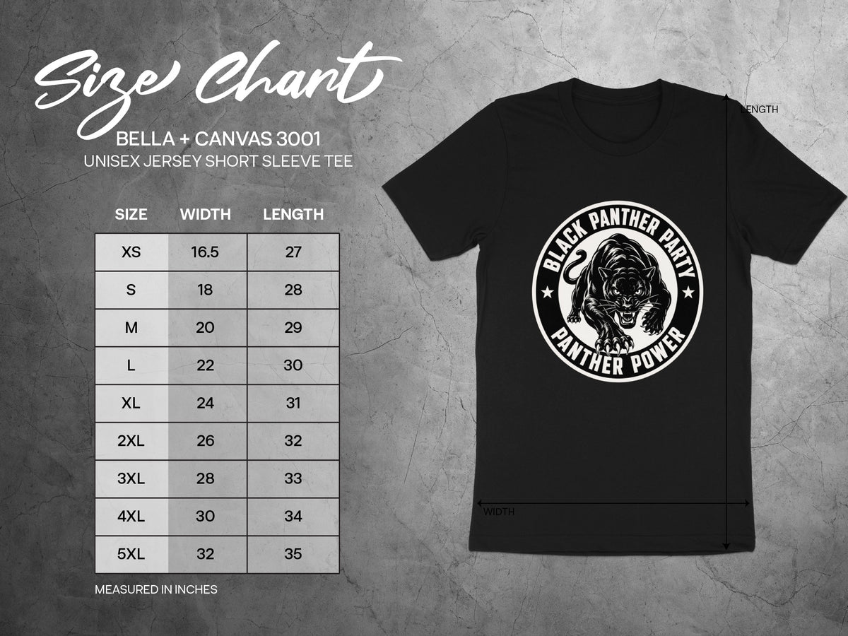 Size chart for BELLA + CANVAS 3001 unisex short sleeve tee with black panther graphic.