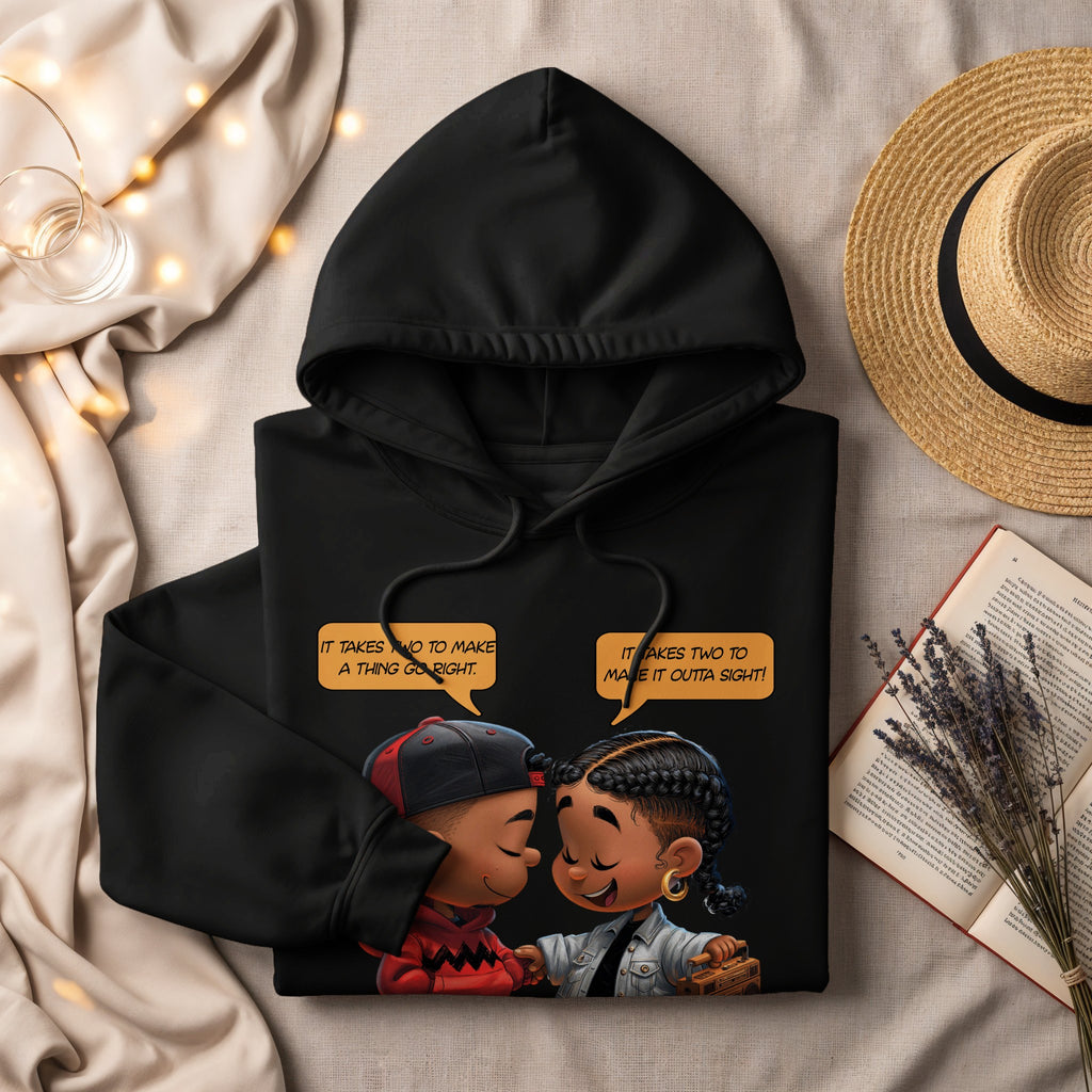 Black hoodie with cartoon children and text: "It takes two to make a thing go right."