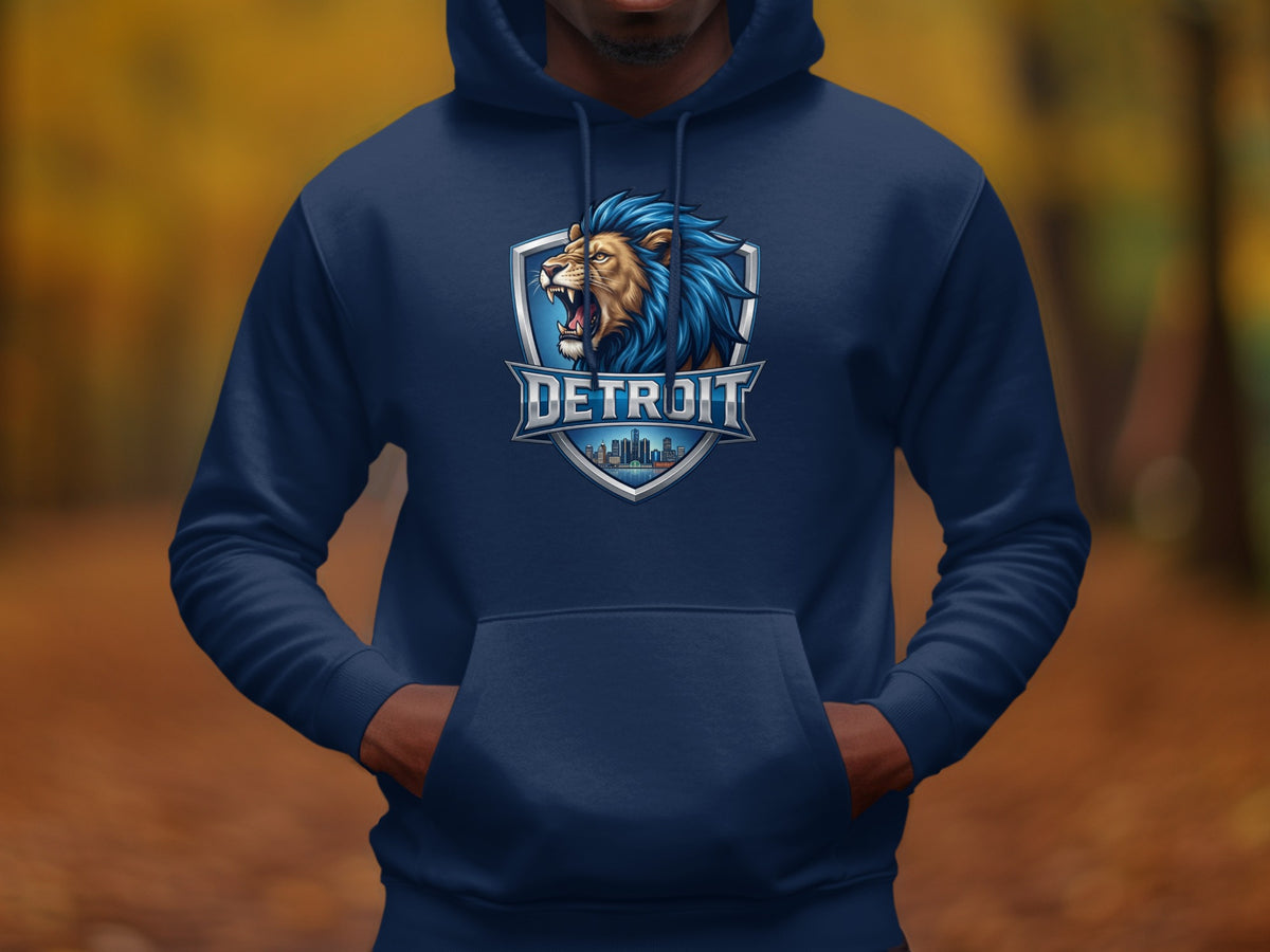 Navy hoodie with a Detroit lion crest and cityscape graphic.