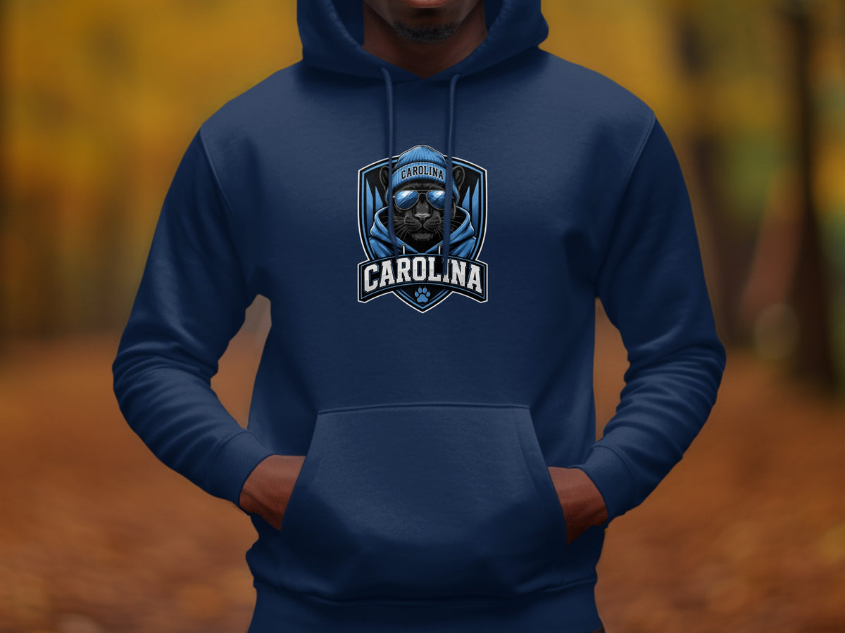 Dark blue hoodie with a black panther logo wearing sunglasses and a beanie with "Carolina" text.