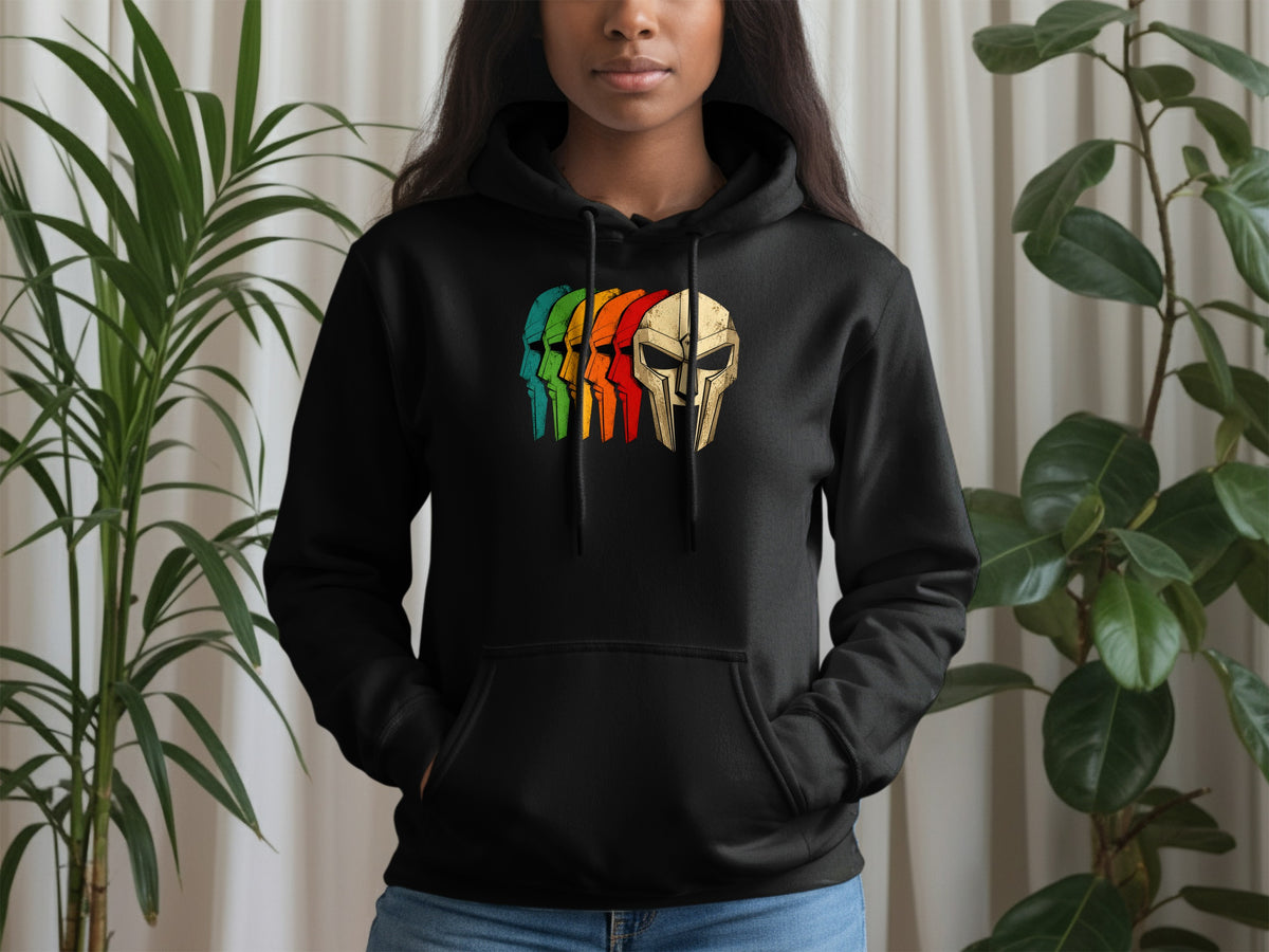 Black hoodie with a row of colorful, stylized helmets as graphic print.