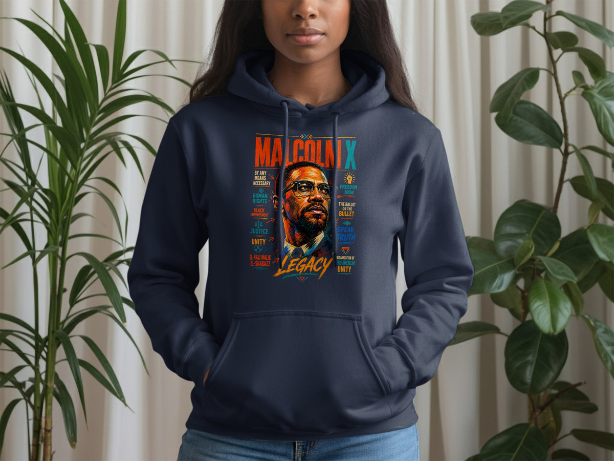 Navy blue hoodie with "Malcolm X Legacy" text and portrait on the front.