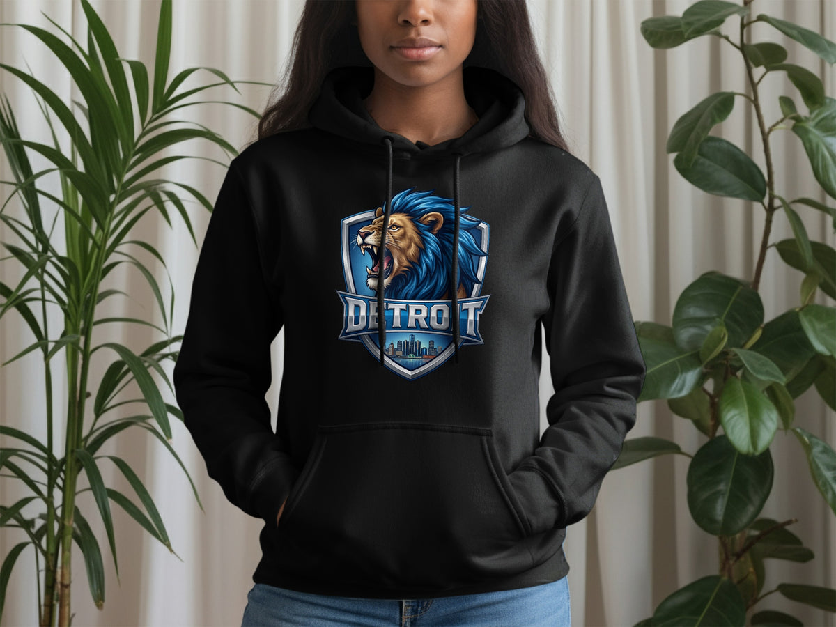Black hoodie with a Detroit lion crest and skyline graphic.
